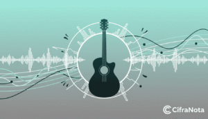 Ilustração de violão com elementos musicais abstratos representando a cifra Tempo Perdido da Legião Urbana