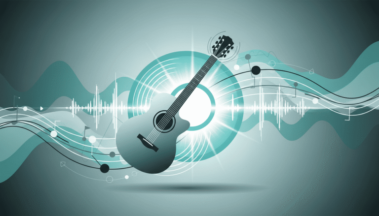 Ilustração abstrata de violão com ondas sonoras representando progressões de acordes para violão