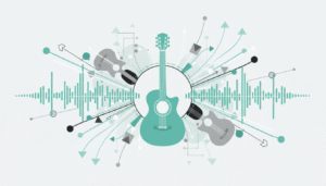 Ilustração abstrata de violão com padrões de escala musical representando escalas musicais para iniciantes