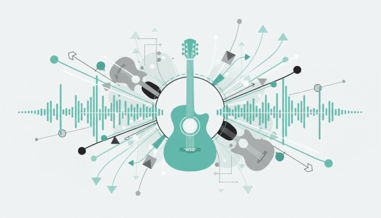 Ilustração abstrata de violão com padrões de escala musical representando escalas musicais para iniciantes