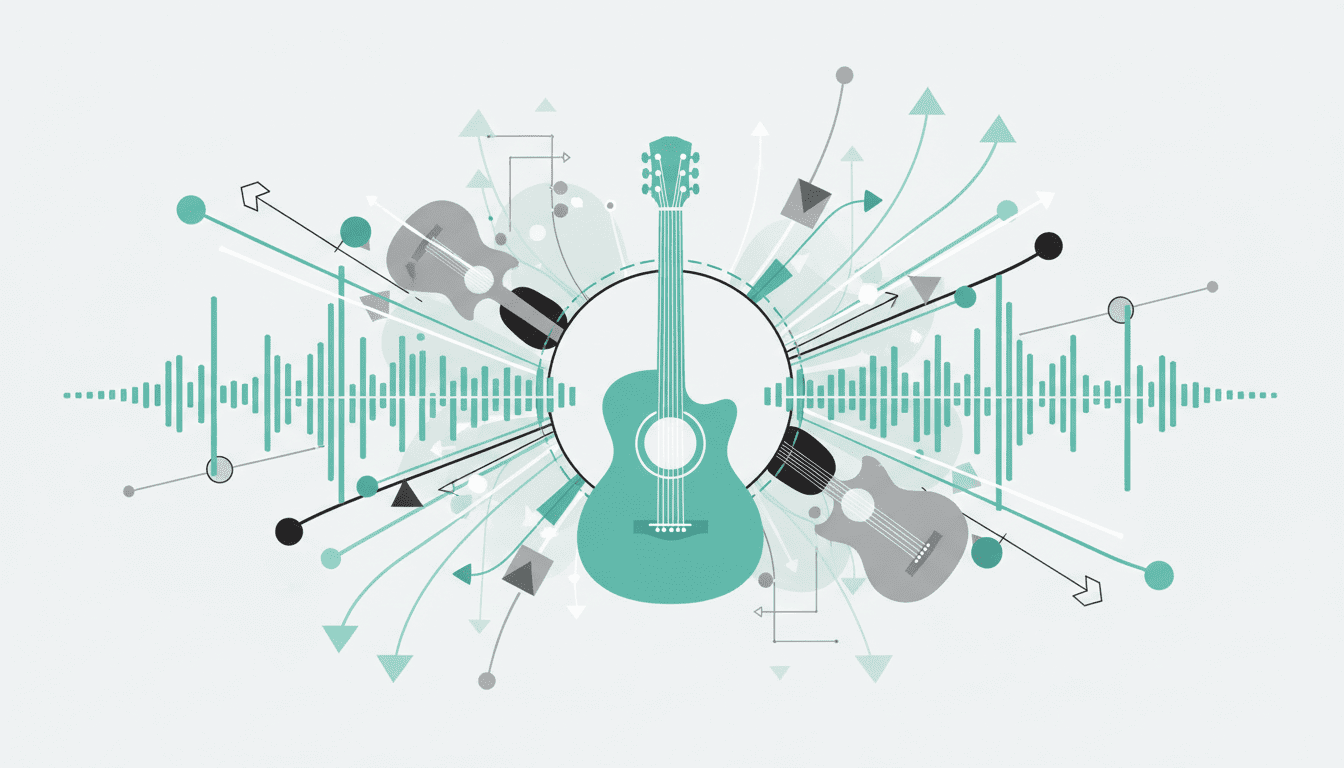 Ilustração abstrata de violão com padrões de escala musical representando escalas musicais para iniciantes