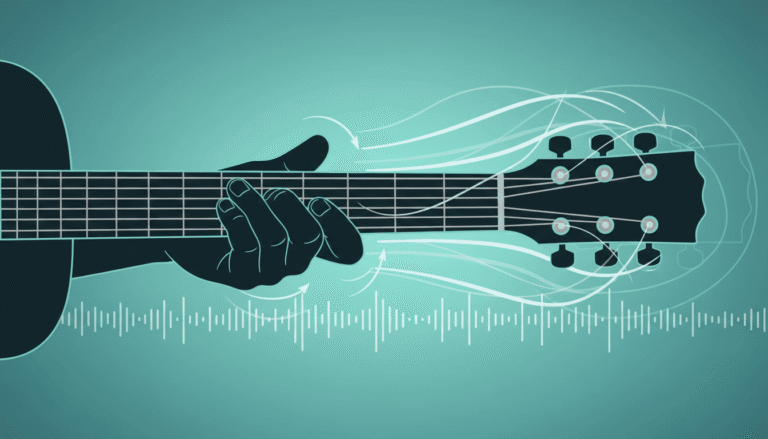 Ilustração abstrata de mão em violão representando exercícios de digitação para violão com precisão e agilidade