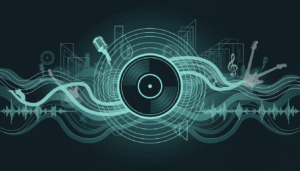 Ilustração abstrata de vinil e ondas sonoras representando curiosidades sobre músicas famosas e histórias por trás dos hits