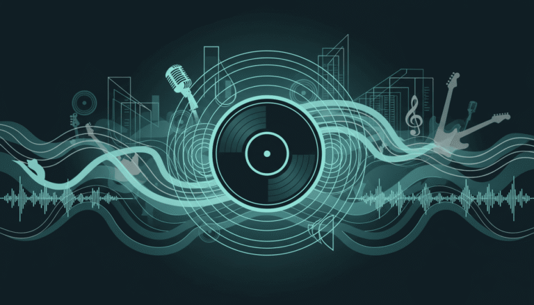 Ilustração abstrata de vinil e ondas sonoras representando curiosidades sobre músicas famosas e histórias por trás dos hits