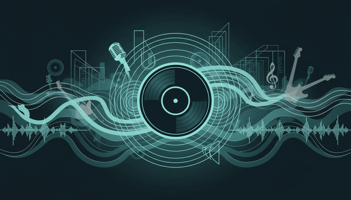 Ilustração abstrata de vinil e ondas sonoras representando curiosidades sobre músicas famosas e histórias por trás dos hits