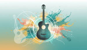 Ilustração abstrata de violão clássico com ondas de bossa nova representando a cifra de Aquarela do Toquinho