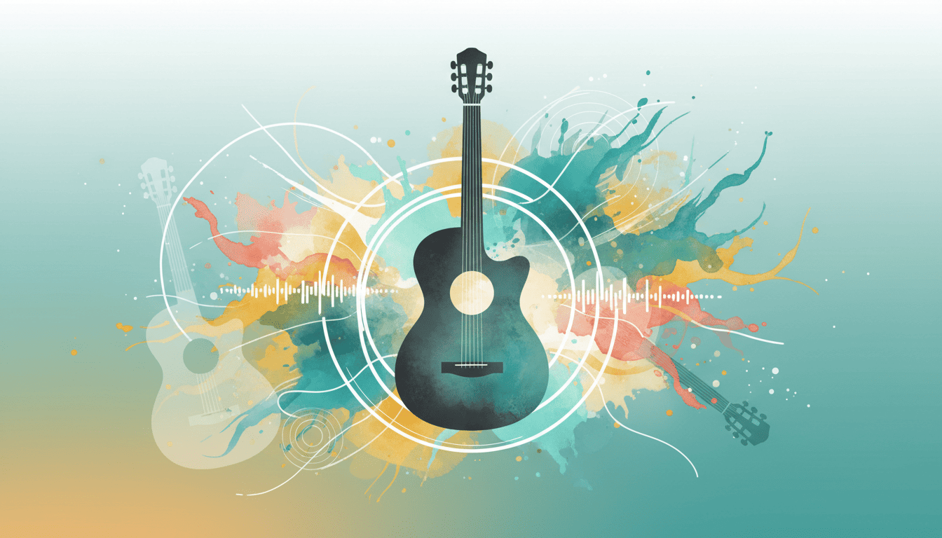 Ilustração abstrata de violão clássico com ondas de bossa nova representando a cifra de Aquarela do Toquinho