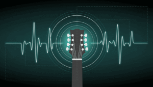 Ilustração abstrata de headstock de violão com tarraxas e ondas sonoras representando afinação precisa