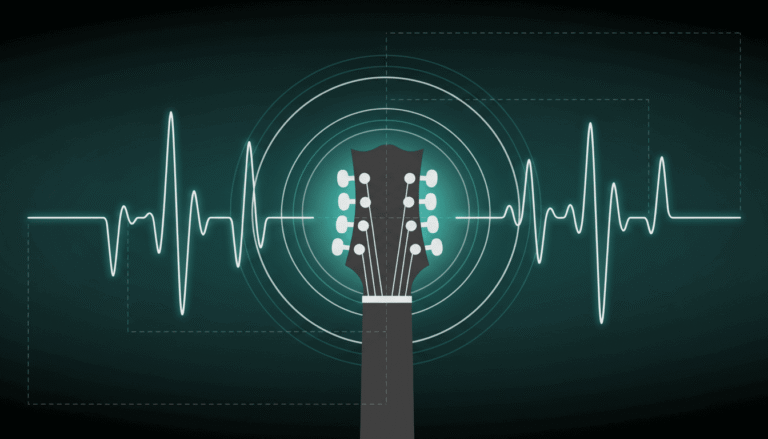 Ilustração abstrata de headstock de violão com tarraxas e ondas sonoras representando afinação precisa