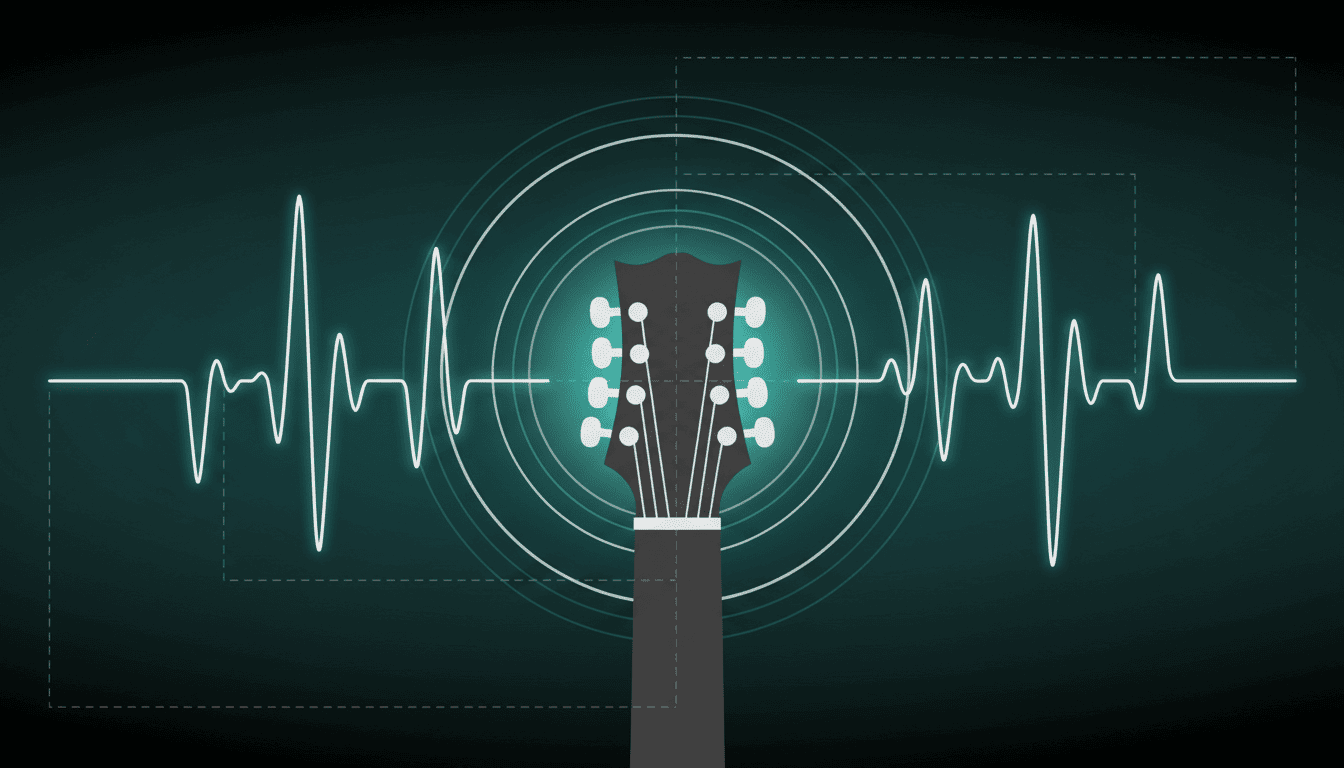 Ilustração abstrata de headstock de violão com tarraxas e ondas sonoras representando afinação precisa