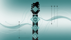 Ilustração abstrata de braço de guitarra com escala pentatônica representada por padrões geométricos e intervalos musicais