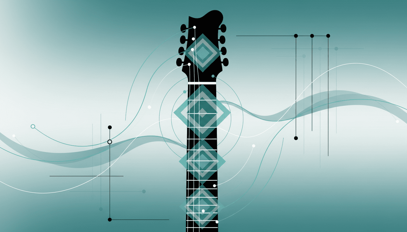 Ilustração abstrata de braço de guitarra com escala pentatônica representada por padrões geométricos e intervalos musicais