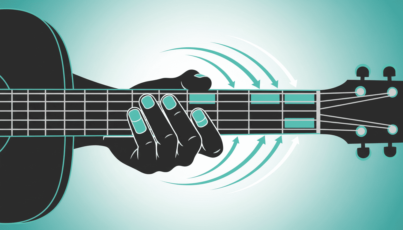 Ilustração abstrata de mão executando acordes com pestana no braço do violão com elementos de técnica e posicionamento correto