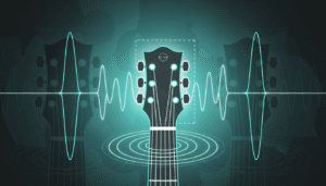 Ilustração abstrata de mão executando exercícios de digitação para violão no braço do instrumento com padrões cromáticos e movimento dos dedos