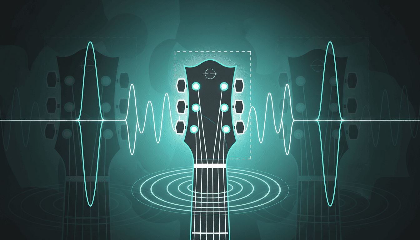 Ilustração abstrata de mão executando exercícios de digitação para violão no braço do instrumento com padrões cromáticos e movimento dos dedos