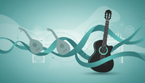 Ilustração abstrata mostrando a história do violão com evolução de instrumentos de corda antigos até o violão moderno