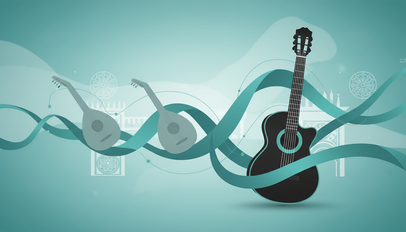 Ilustração abstrata mostrando a história do violão com evolução de instrumentos de corda antigos até o violão moderno